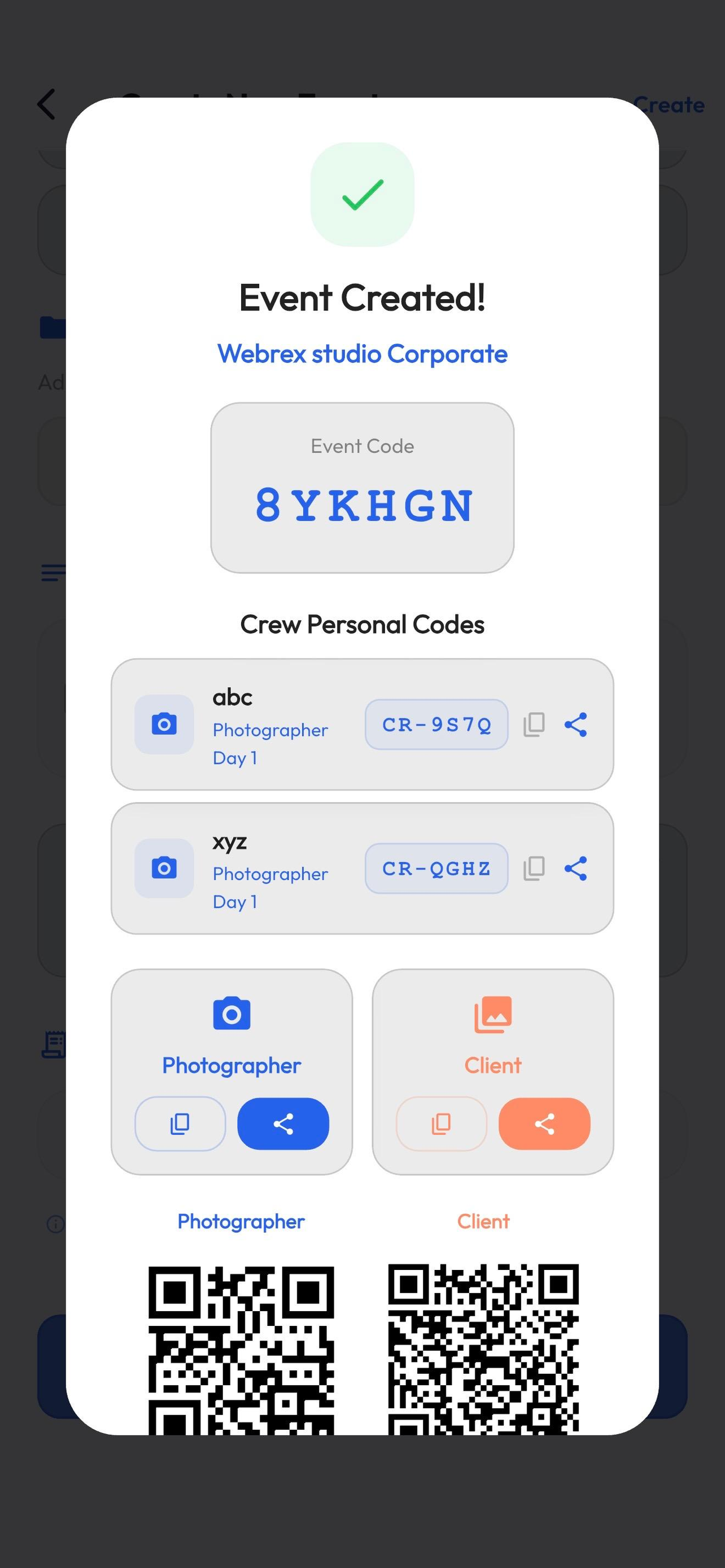 Event created — codes and QR for crew and clients