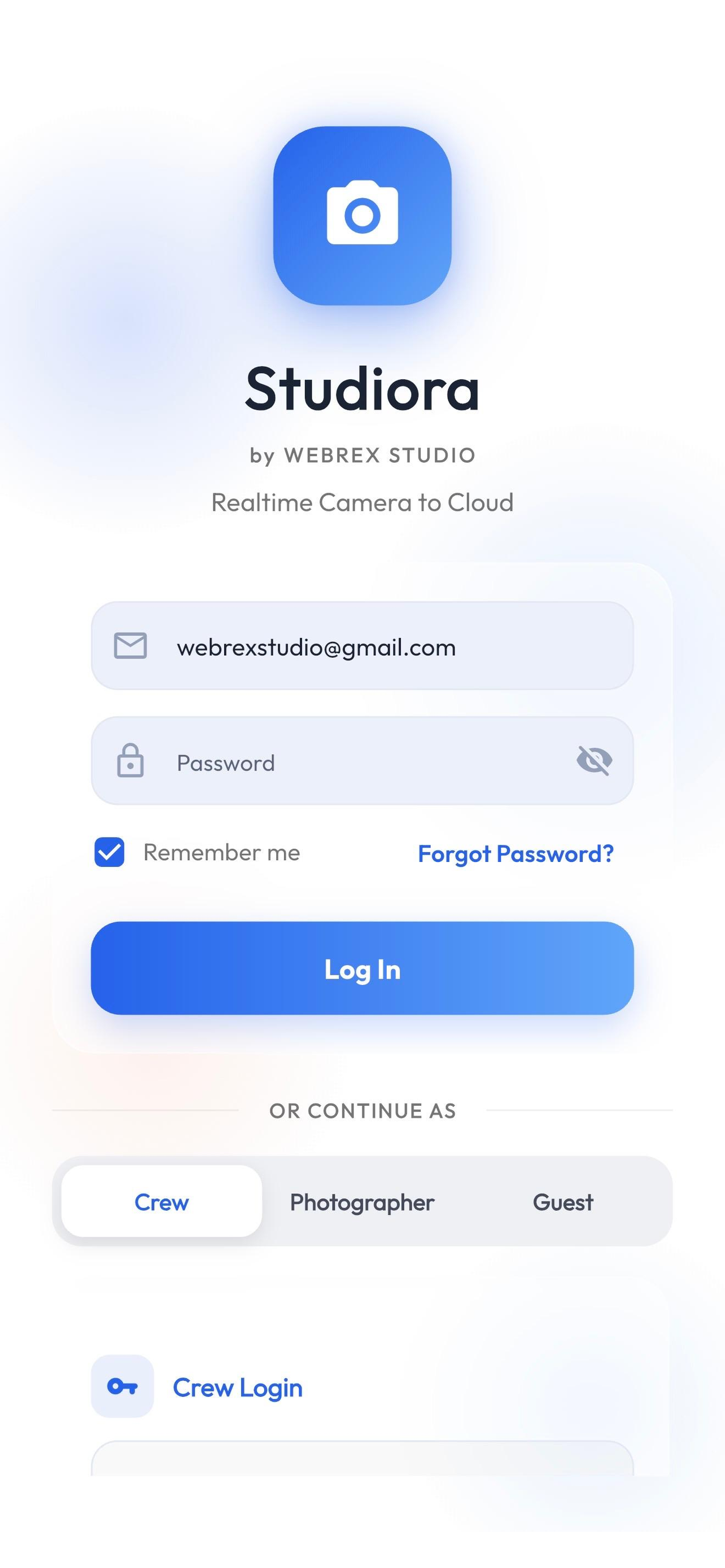 Studiora login — owner, crew, photographer, guest